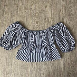 Sim And Sam Blue and White Stripe Off The Shoulder Cropped Top
